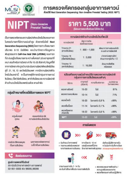 การตรวจคัดกรองกลุ่มอาการดาวน์ ด้วยวิธี Next Geration Sequencing : Non-invansive Prenatal tesing (NGS:NIPT) เพื่อตรวจคัดกรองความผิดปกติของโครโมโซมทารกในครรภ์ จากเลือดมารดา